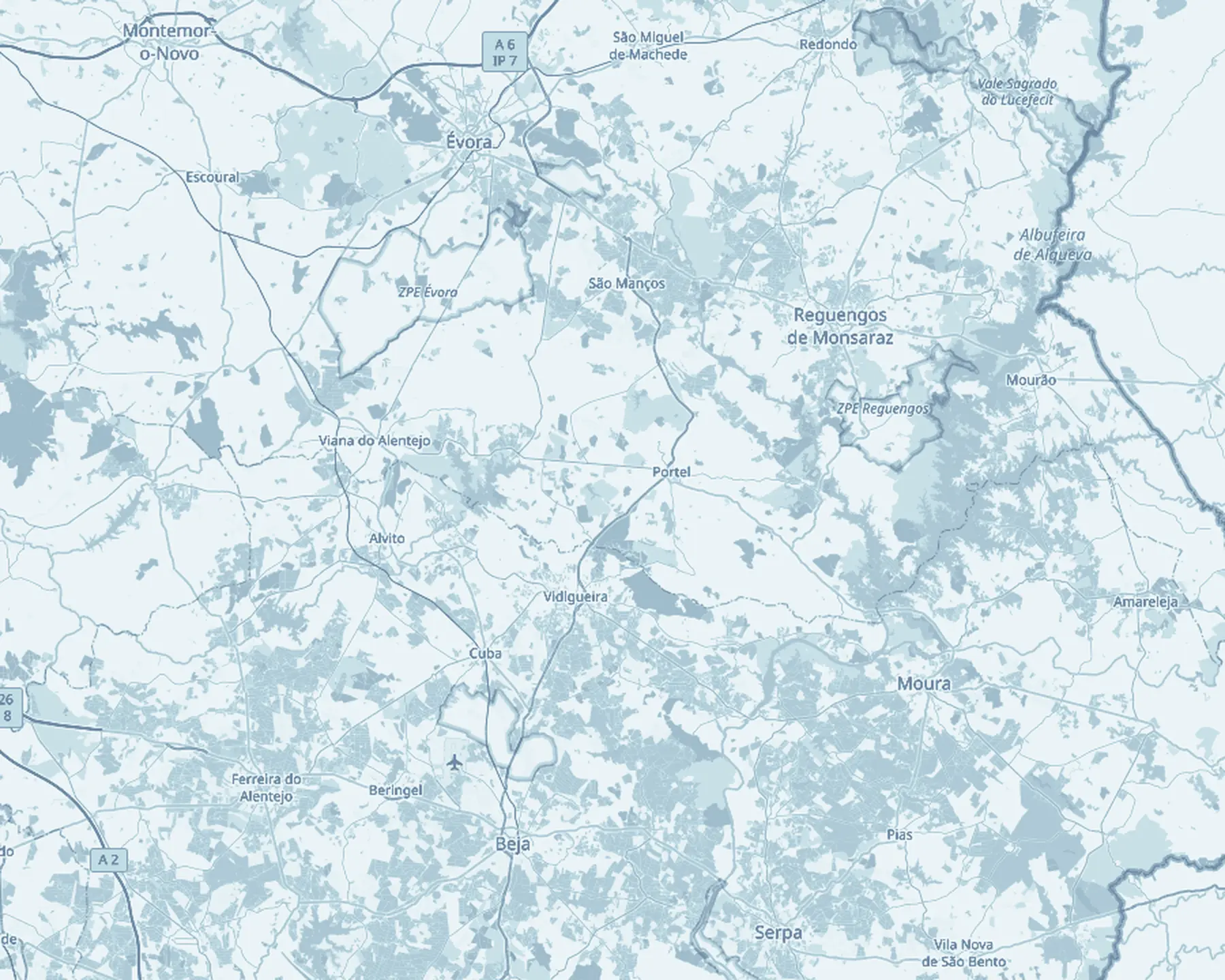 Mapa da região entre Évora e Beja com as localidades atendidas assinaladas